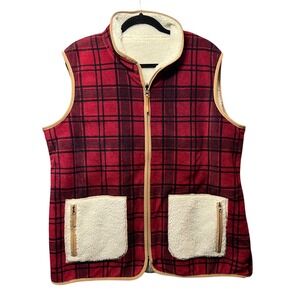 Reversible Fleece Vest Red Plaid Print Sleeveless Jacket Outdoor Sherpa‎ No Tag